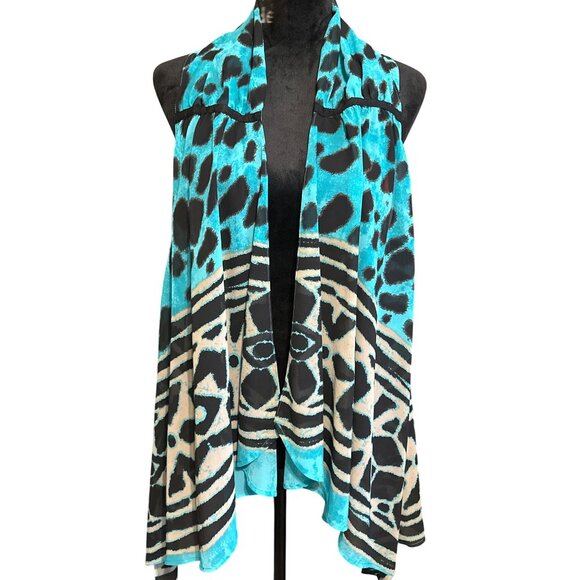 INC Womens Sleeveless Turquoise & Black Animal Print Open Front Vest Drape Style - Picture 2 of 4